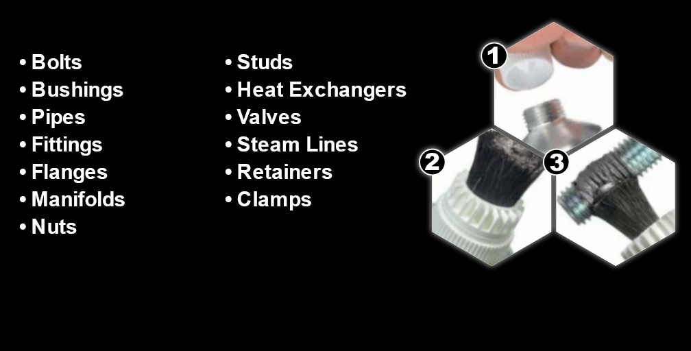 bolts, bushings, pipes, fittings, flanges, manifolds, nuts, studs, heat exchangers, valves, steam lines, retainers, clamps